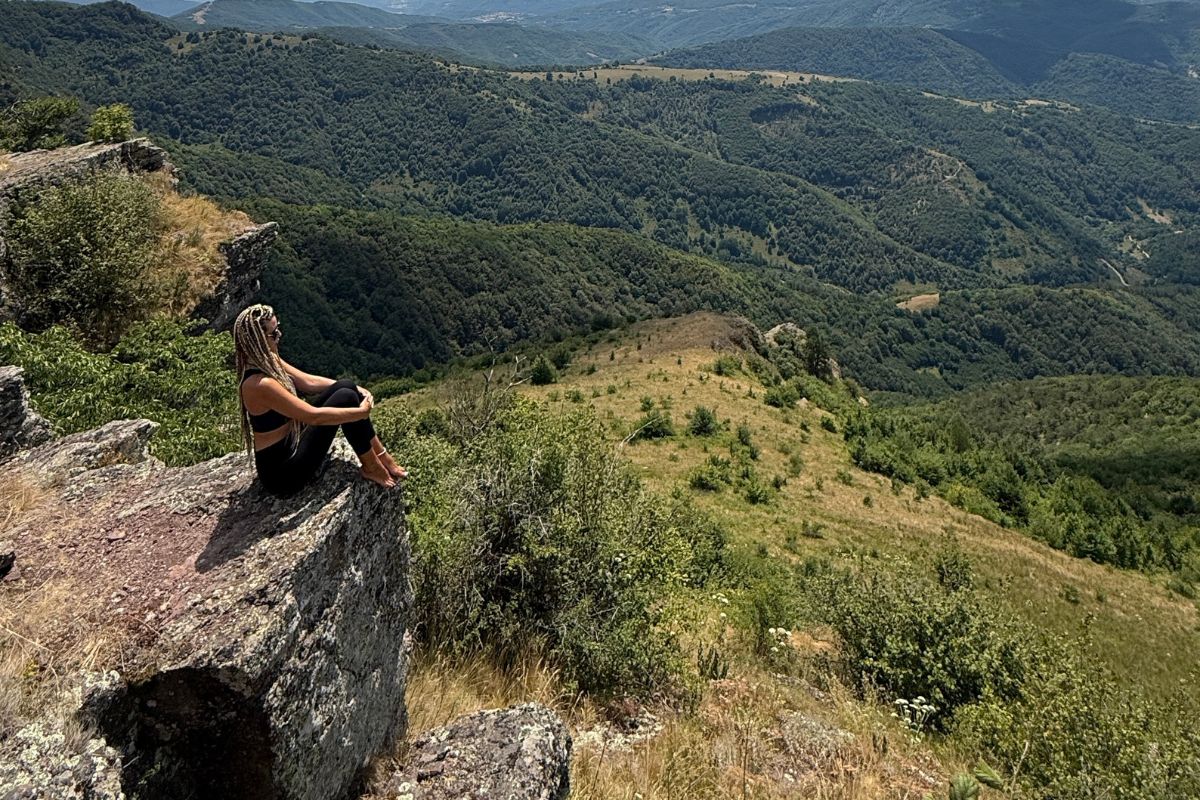 Lava sedi na steni i posmatra pogled s vidikovca